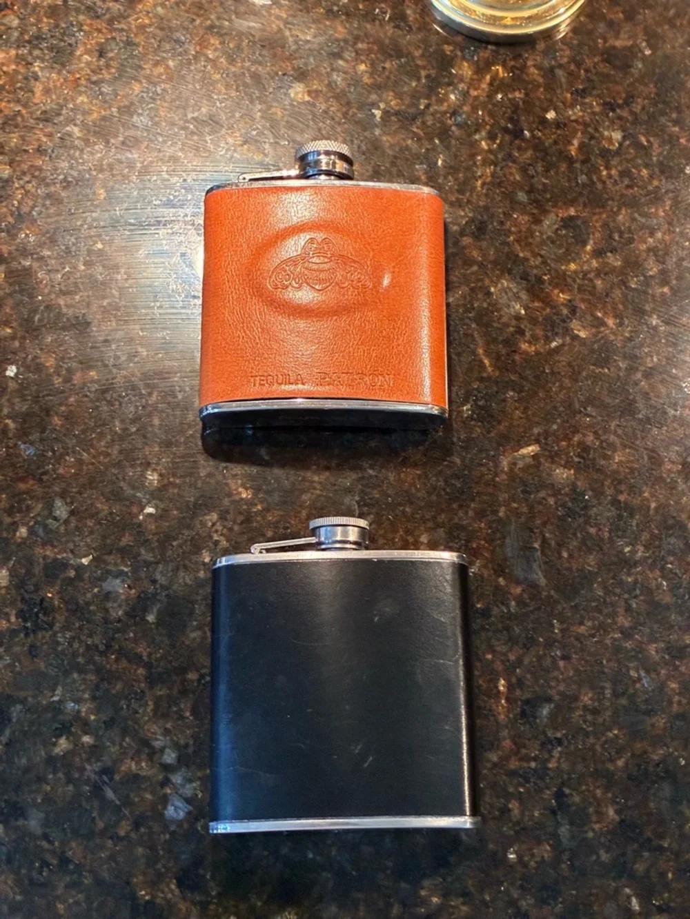 Leather-Covered Hip Flask Set - Brown & Black